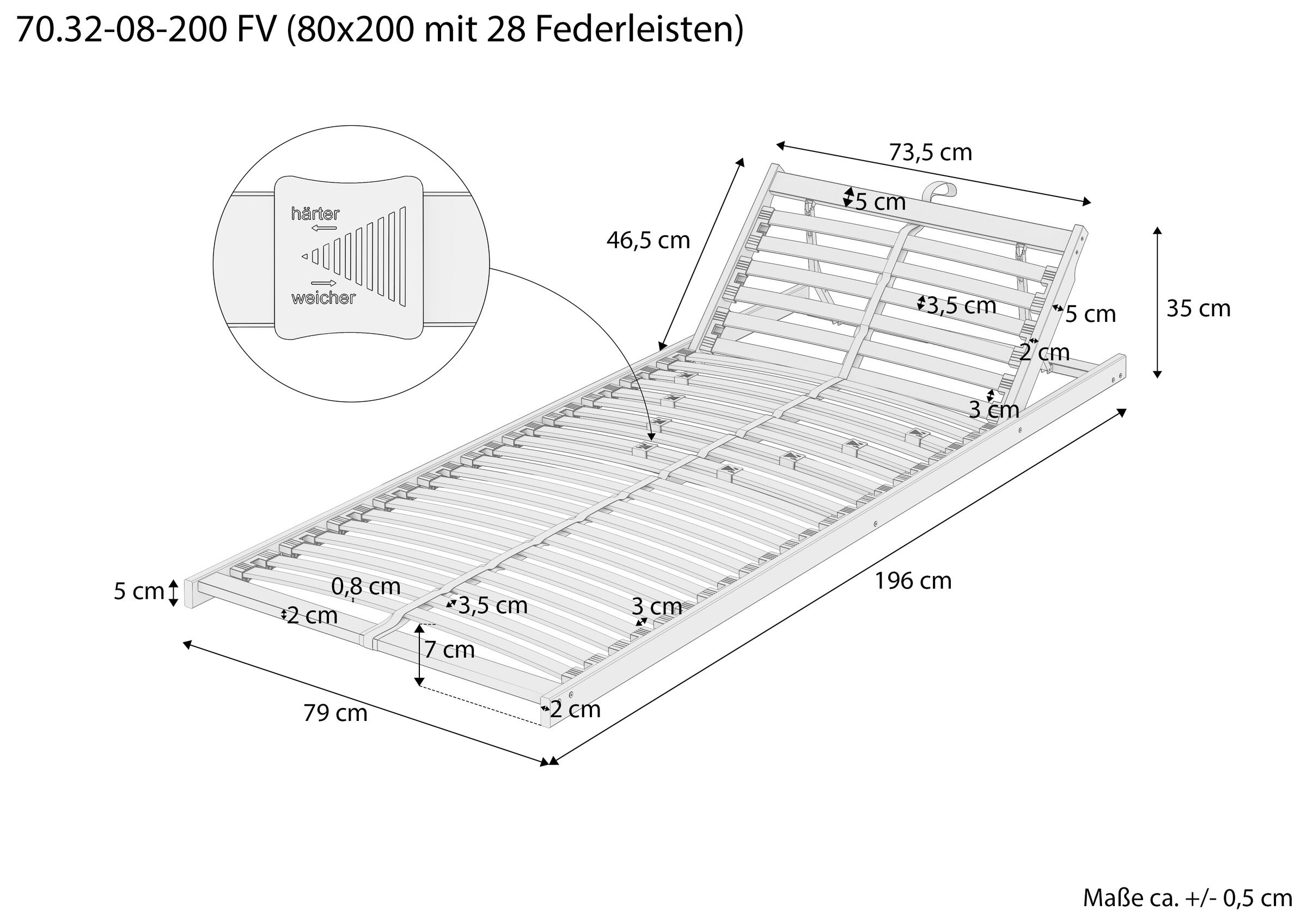 Lattenrost, Bettrahmen, Kopfteilsystem, Holzbettgestell, Mittelholz, Skizze mit Maße