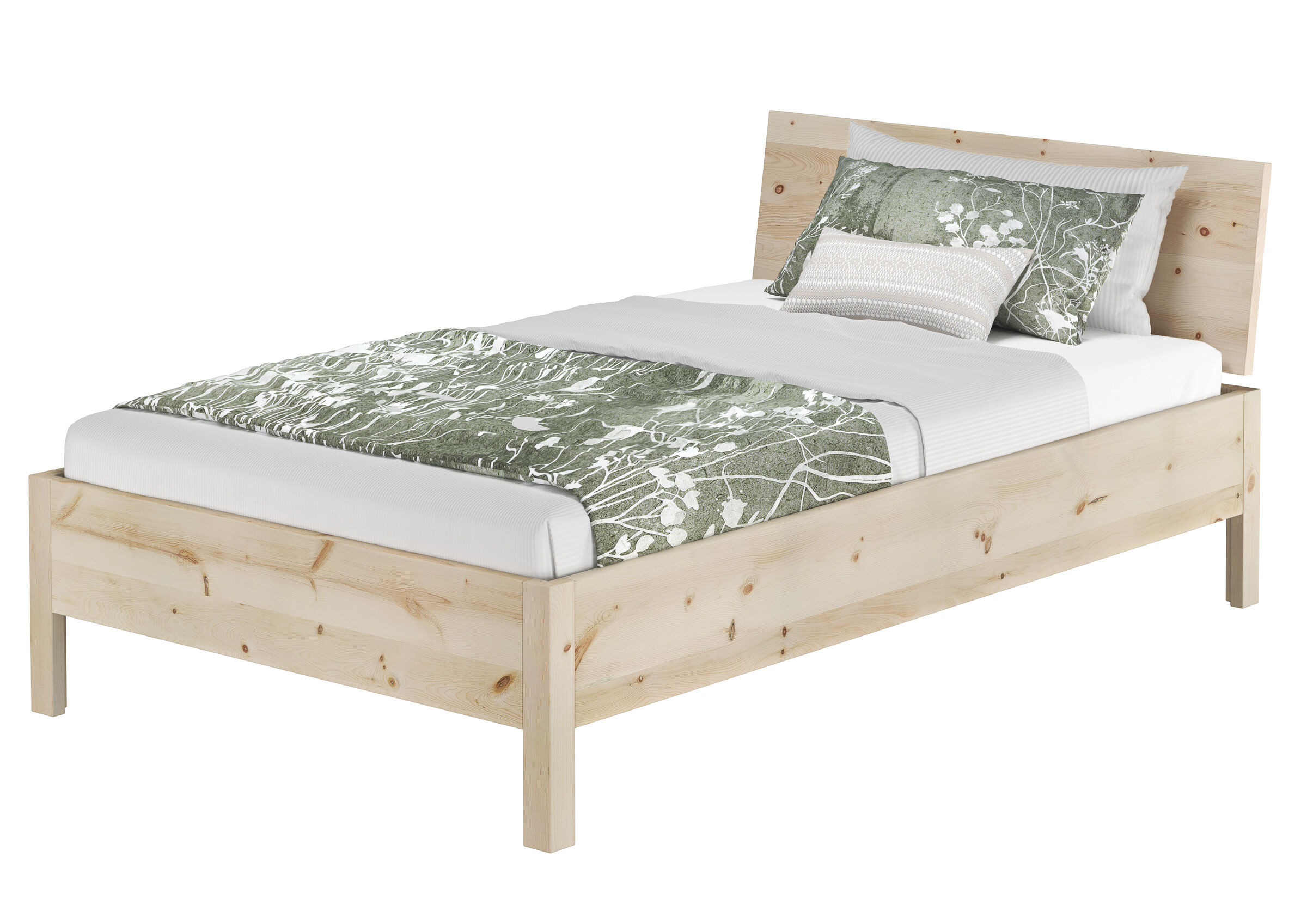 bett, Holzbett, Grünes Muster, GrünGrauer Überwurf, Wäschestütze, Schönes Einzelbett 120x200 aus Zirbe
